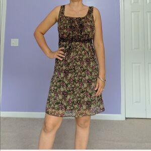 Converse Green Red Floral Print Midi Shift Dress Lined Ruffle Tie Waist Size XS